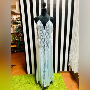 Vintage 1970s 70s Blue Maxi Lingerie Nightgown Nightie Lace Dress - Val Mode